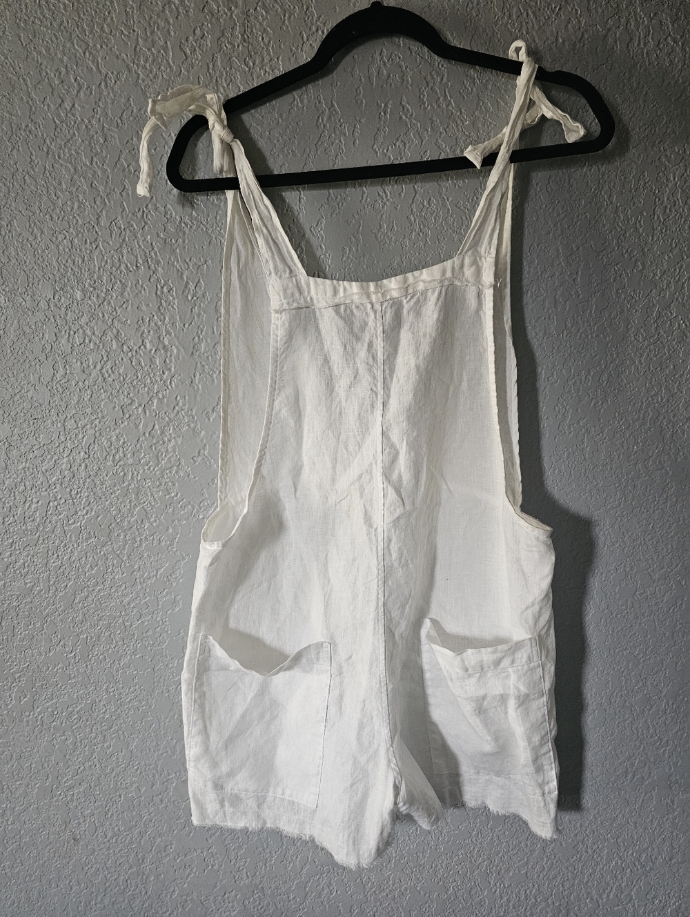 Women's White Tie-Shoulder Linen Romper with Front Pockets